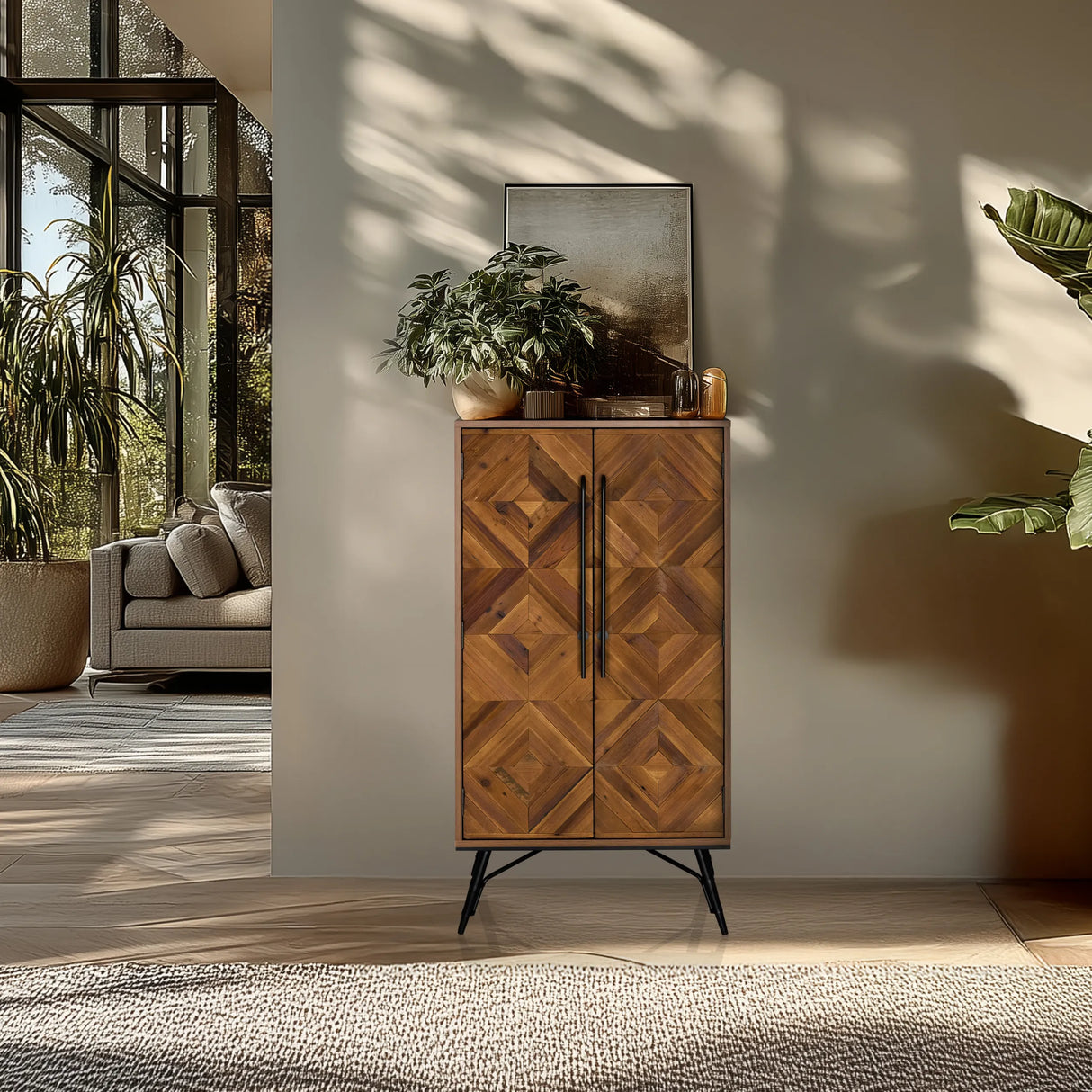 Kommode SANTJAGO WOOD HIGH in dunkelbraunen Holztönen mit Rautenmuster-Front und schwarzen Griffen von hjh LIVING