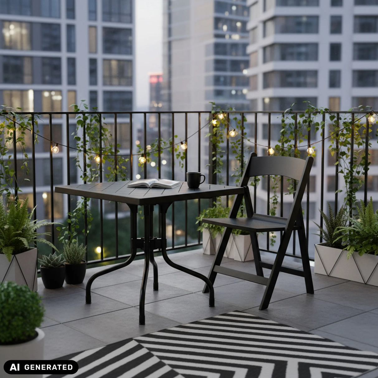 Schwarzer Klapptisch TRAVANO T1 mit Maßen 79 × 79 cm auf einem Balkon von hjh LIVING (KI-generiertes Bild)