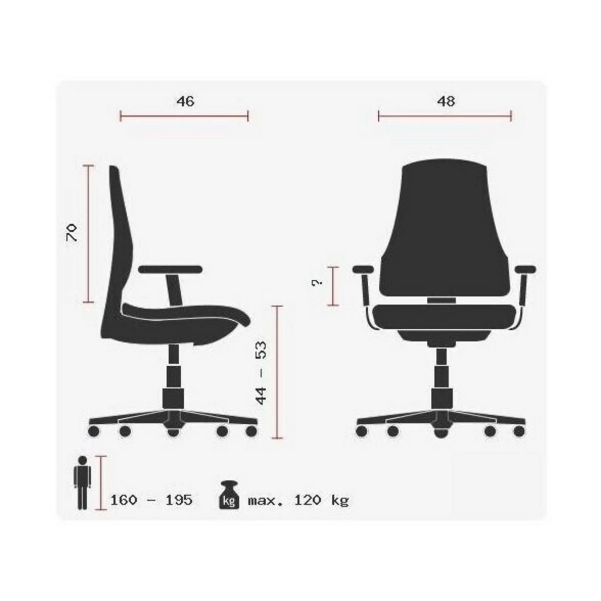 Technische Zeichnung des Profi-Chefsessels HIGH SIT UP mit einer maximalen Belastung von 120 kg von Topstar
