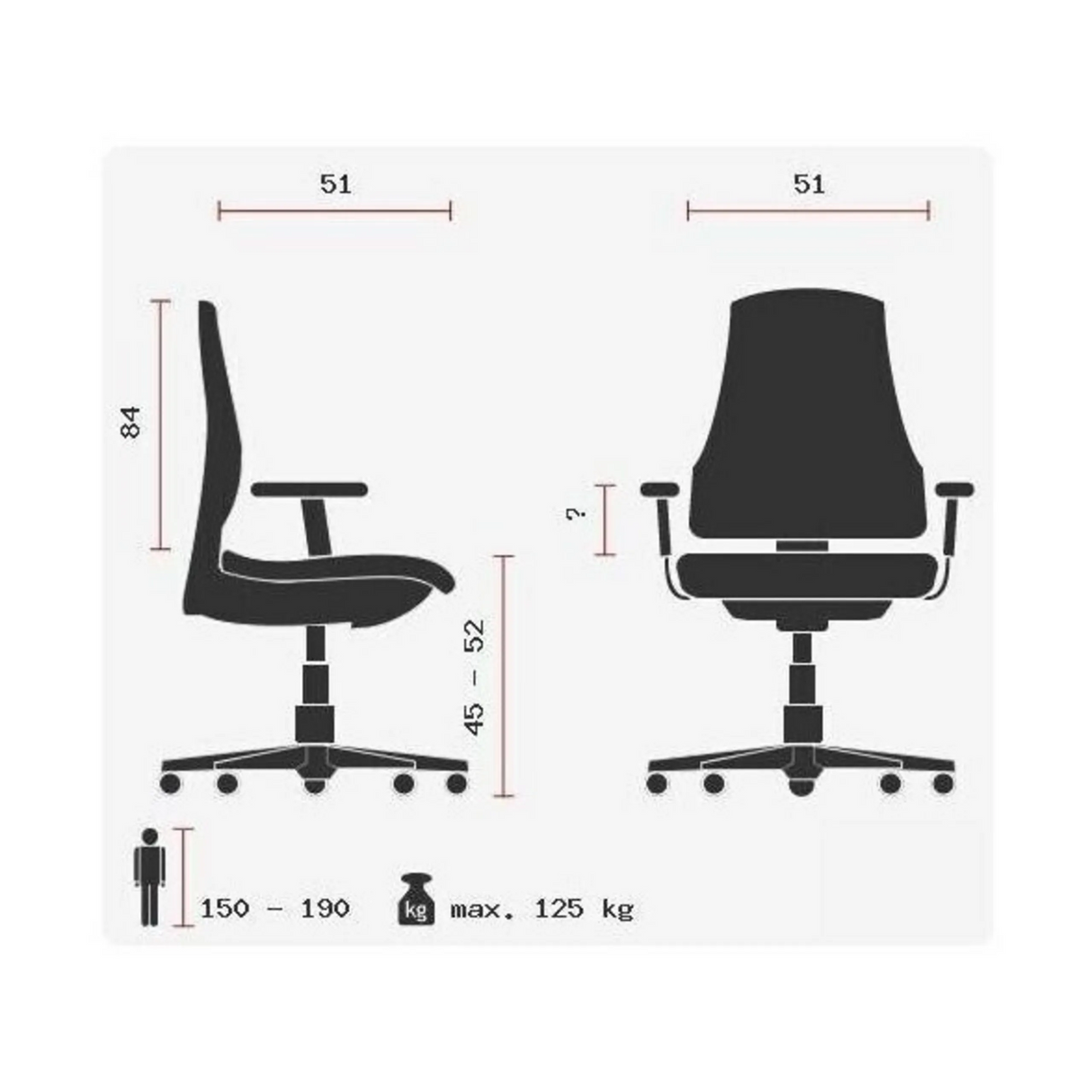 Technische Zeichnung des Profi-Bürostuhls ZERO 72 mit einer Gesamthöhe von 84 cm von Sitwell Steifensand