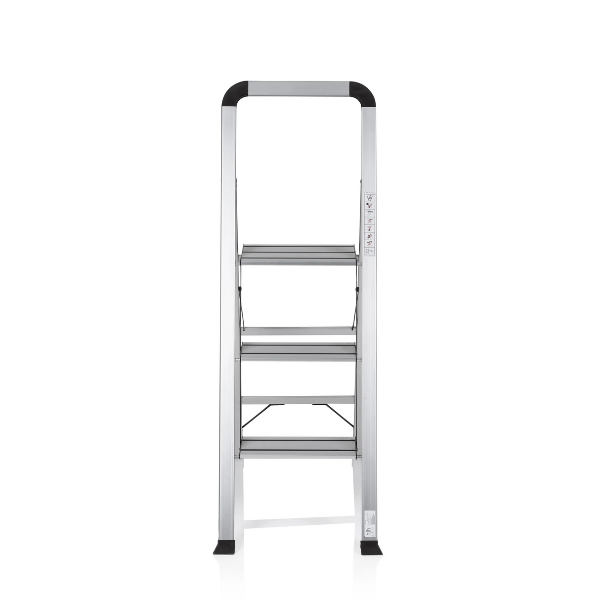 Silberne Klappleiter SOLID V aus Aluminium mit drei Stufen und Handgriff von hjh OFFICE – 360-Grad-Ansicht (Frontansicht 0°)