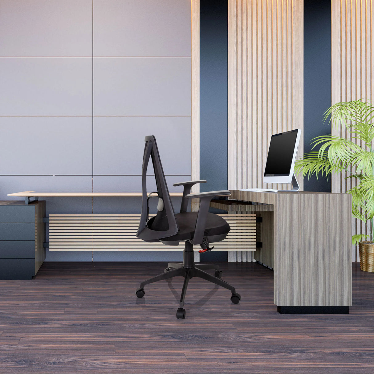 Schwarzer Homeoffice-Bürostuhl FALUN BASIC mit Netzrückenlehne und Armlehnen von hjh OFFICE