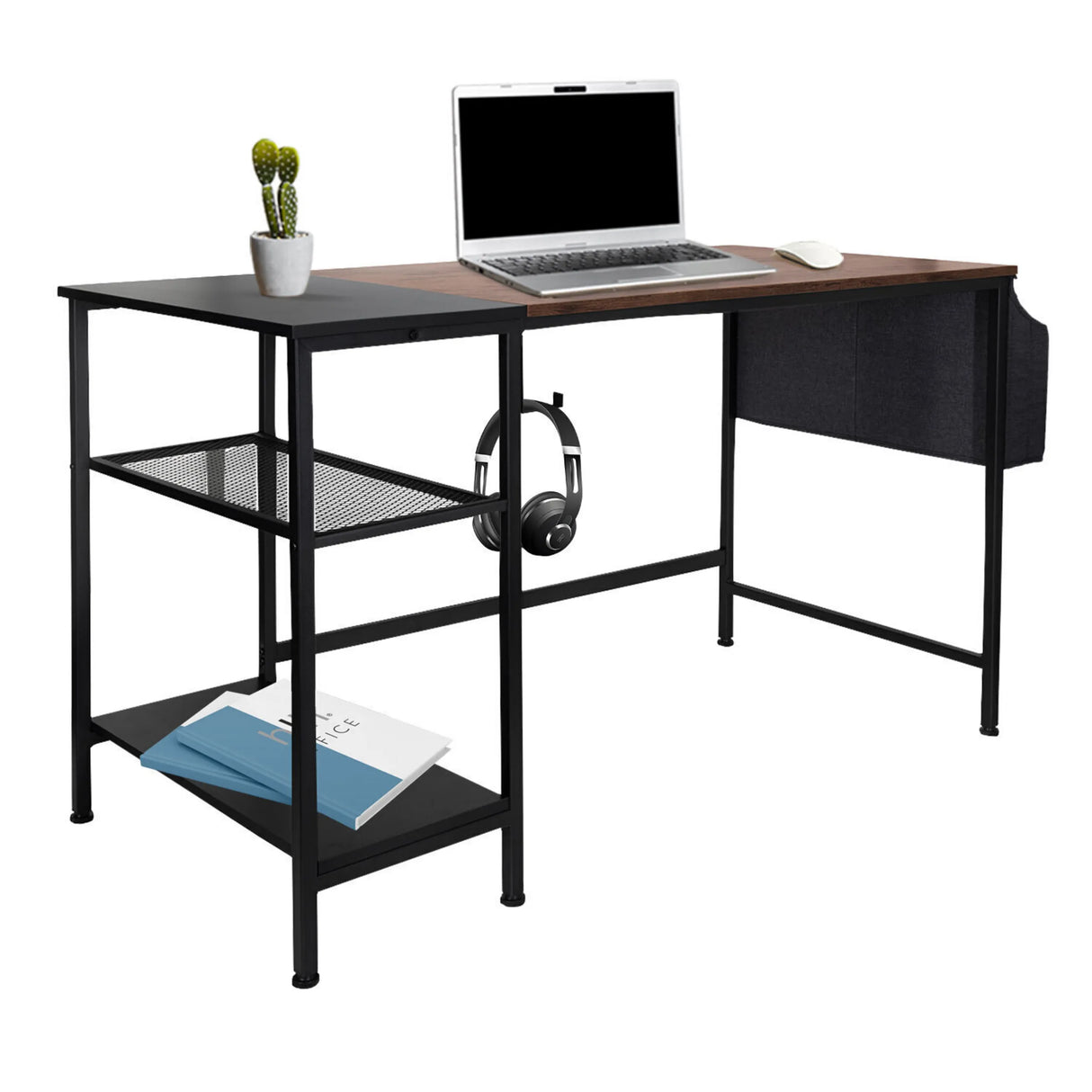 Schreibtisch WORKSPACE H I in Schwarz und Braun mit zwei Ablageflächen und einer seitlichen Tasche von hjh OFFICE