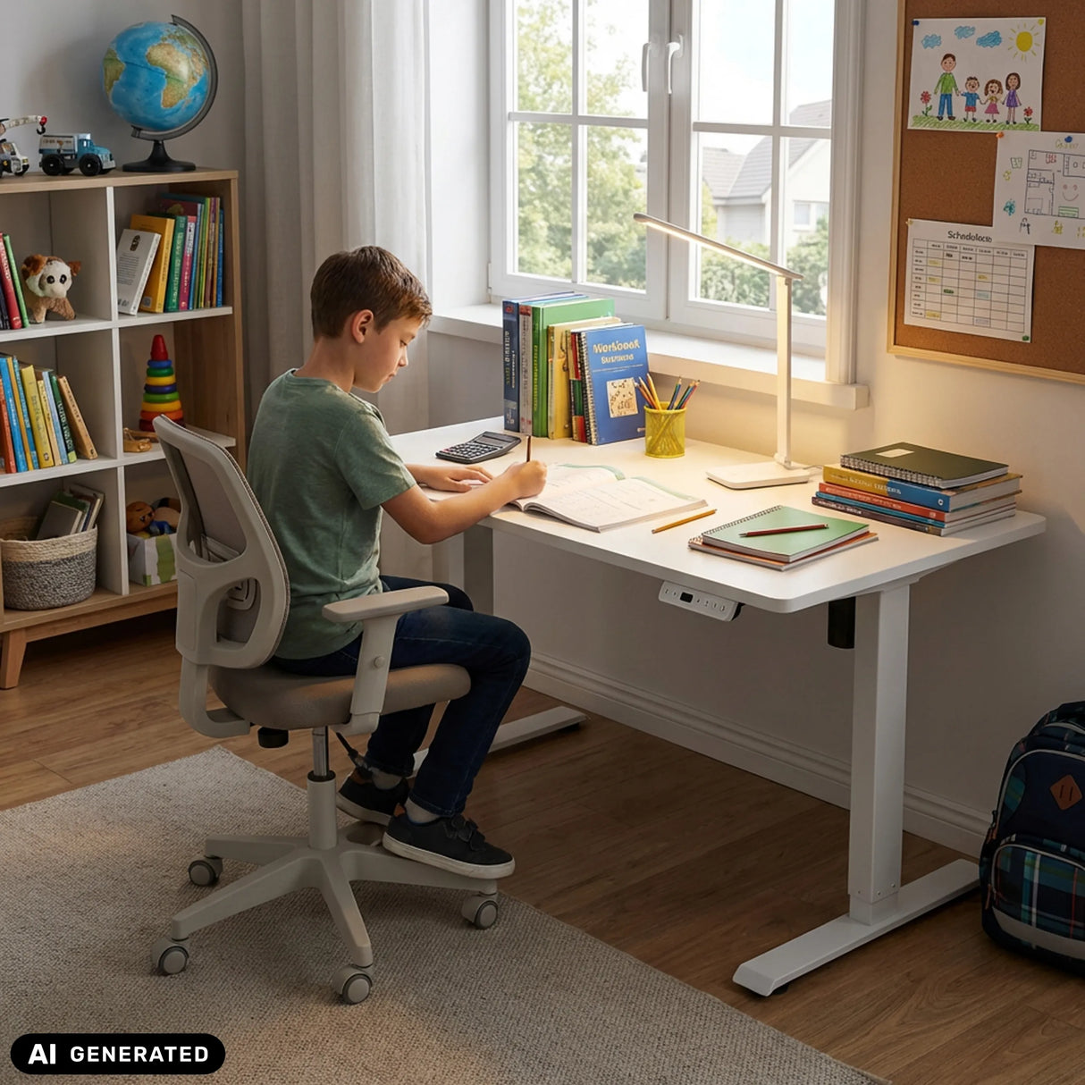 Elektrisch höhenverstellbarer Schreibtisch Worktime Kid in Weiß von hjh OFFICE (KI-generiertes Bild)