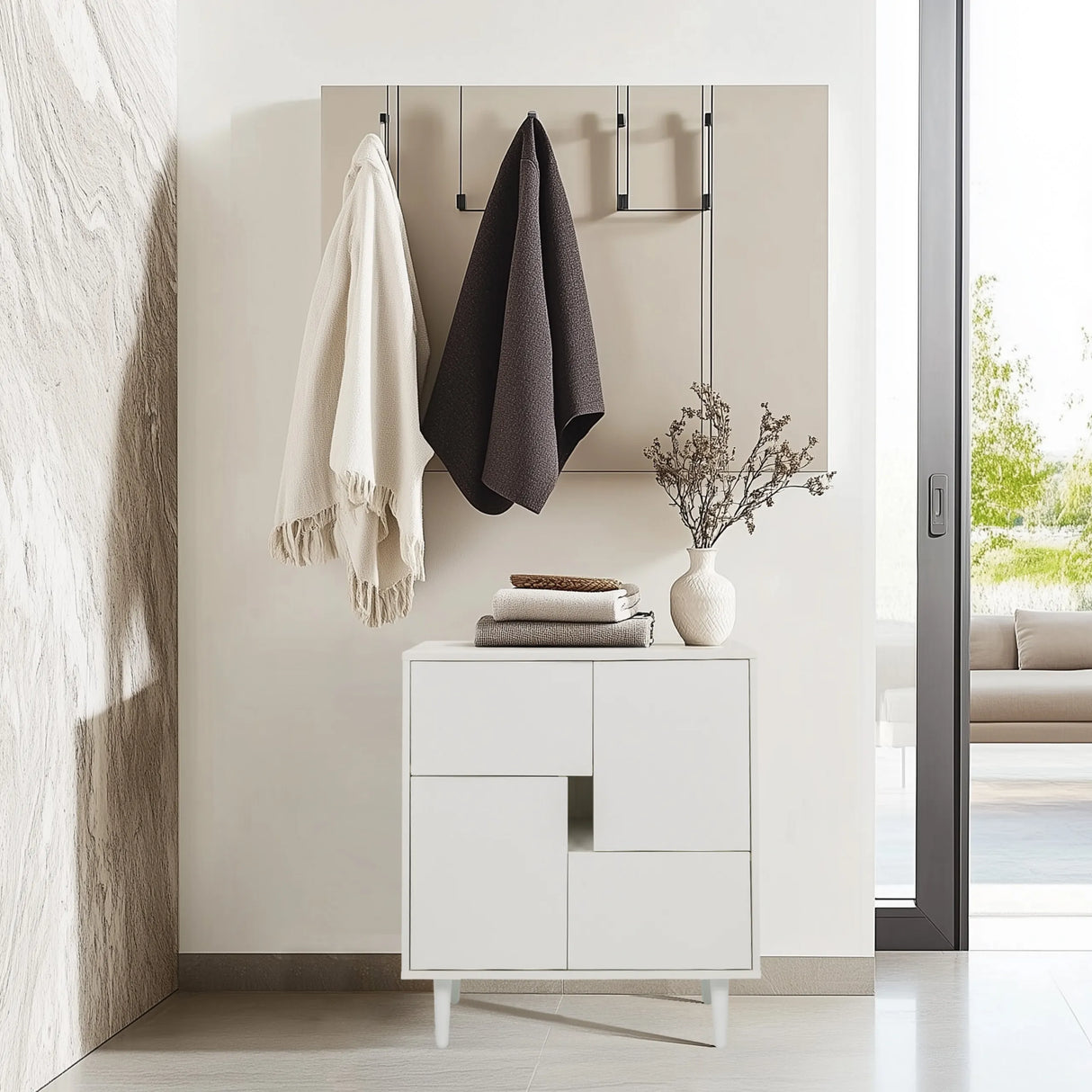 Weiße Kommode LYKKJA mit asymmetrischem Fachdesign und vier Beinen von hjh LIVING