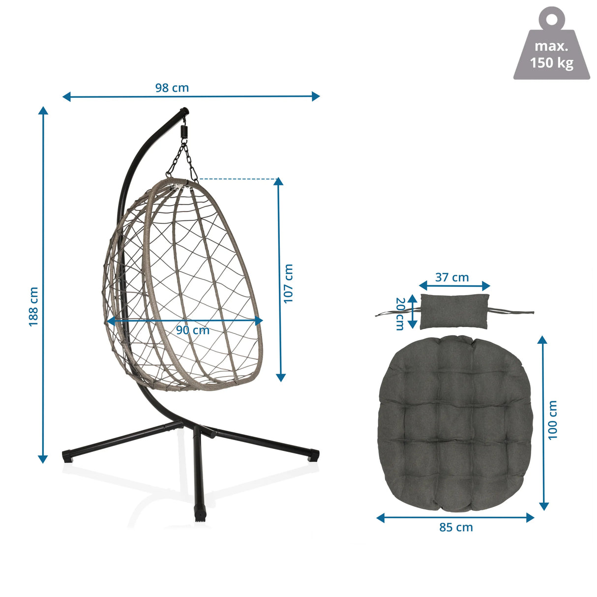 Maßzeichnung des Hängesessels COCOVA mit einer Höhe von 188 cm und Breite von 98 cm von hjh LIVING