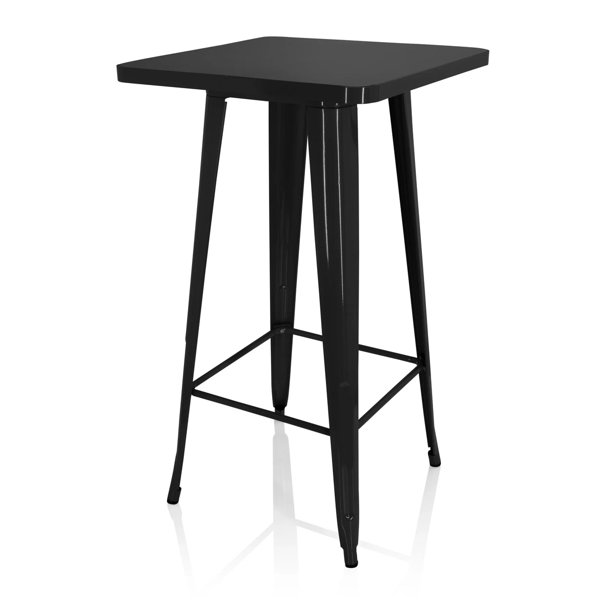Schwarzer Bartisch VANTAGGIO HIGH T mit quadratischer Platte und zwei Querstreben von hjh OFFICE – 360-Grad-Ansicht (schräge Frontansicht 60°)