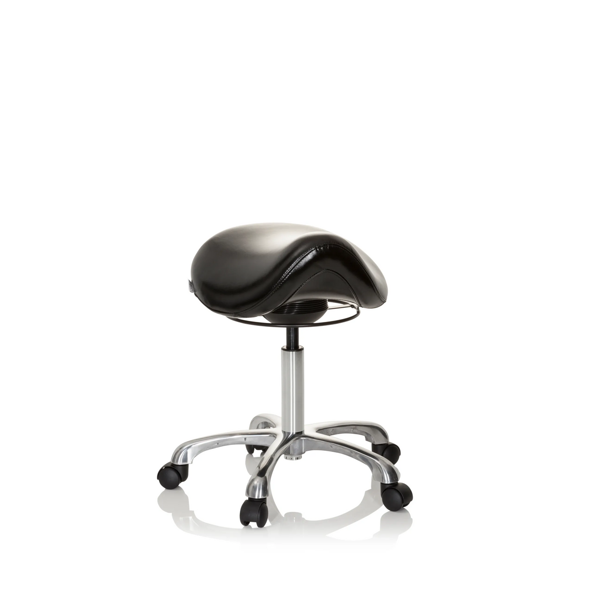 Schwarzer Sattelhocker ORTHO SIT mit Fußkreuz und fünf Rollen von hjh OFFICE – 360-Grad-Ansicht (Frontansicht 20°)