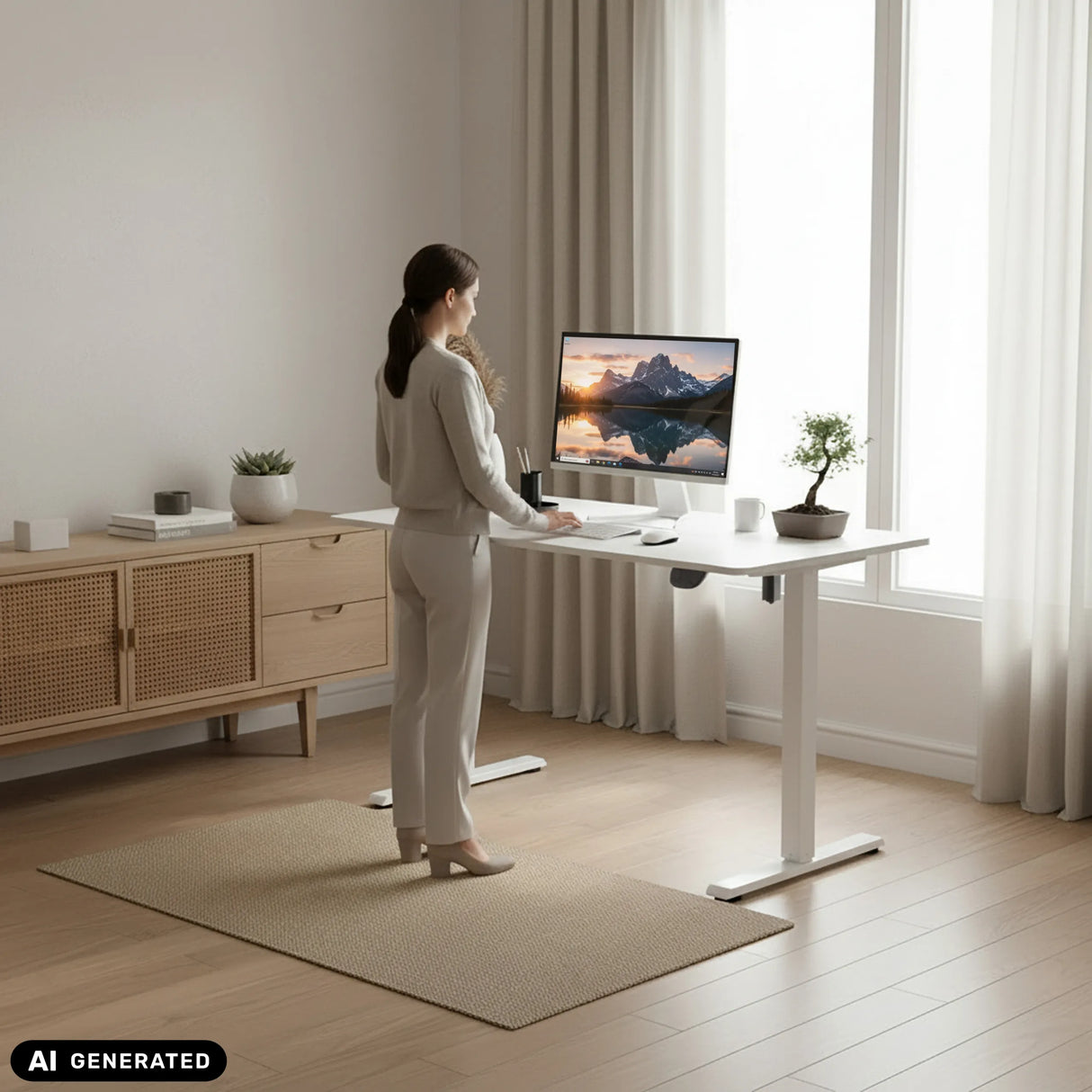Elektrisch höhenverstellbarer Schreibtisch Worktime in Weiß im Einsatz von hjh OFFICE (KI-generiertes Bild)