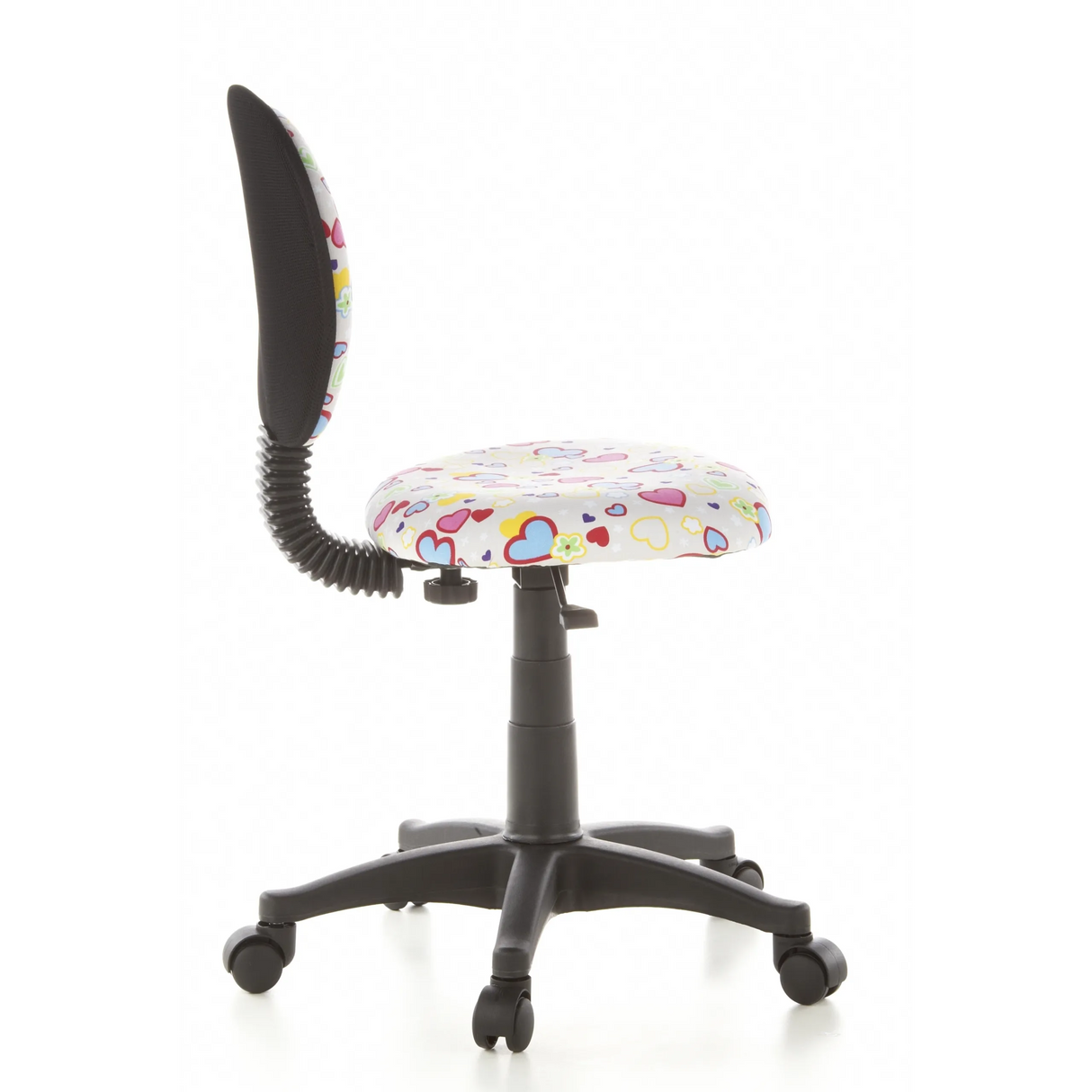 Kinderdrehstuhl KIDDY TOP mit buntem Herz- und Blumenmuster sowie Fußkreuz mit fünf Rollen von hjh OFFICE – 360-Grad-Ansicht (Seitenprofil 100°)