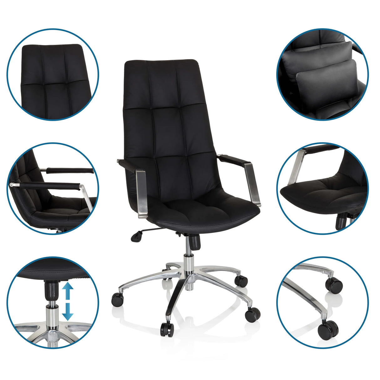 Homeoffice Chefsessel SARANTO PRO in Schwarz mit Lederbezug, verstellbarer Höhe und Rollenfußkreuz von hjh OFFICE