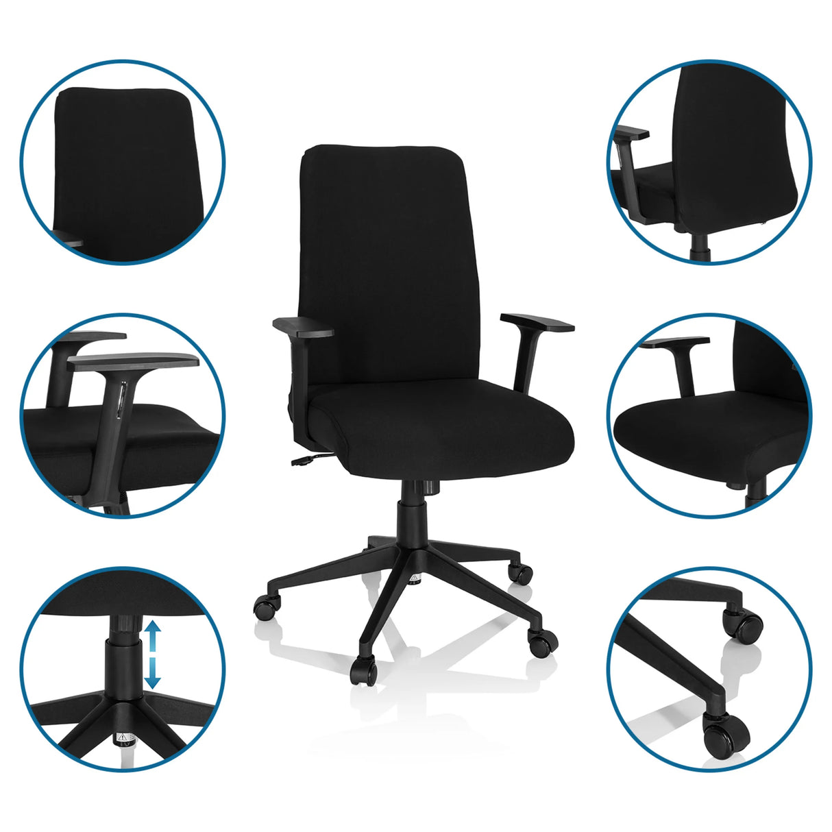 Schwarzer Home-Office-Bürostuhl COSIO I mit Armlehnen, Rollen und Gasfeder von hjh OFFICE
