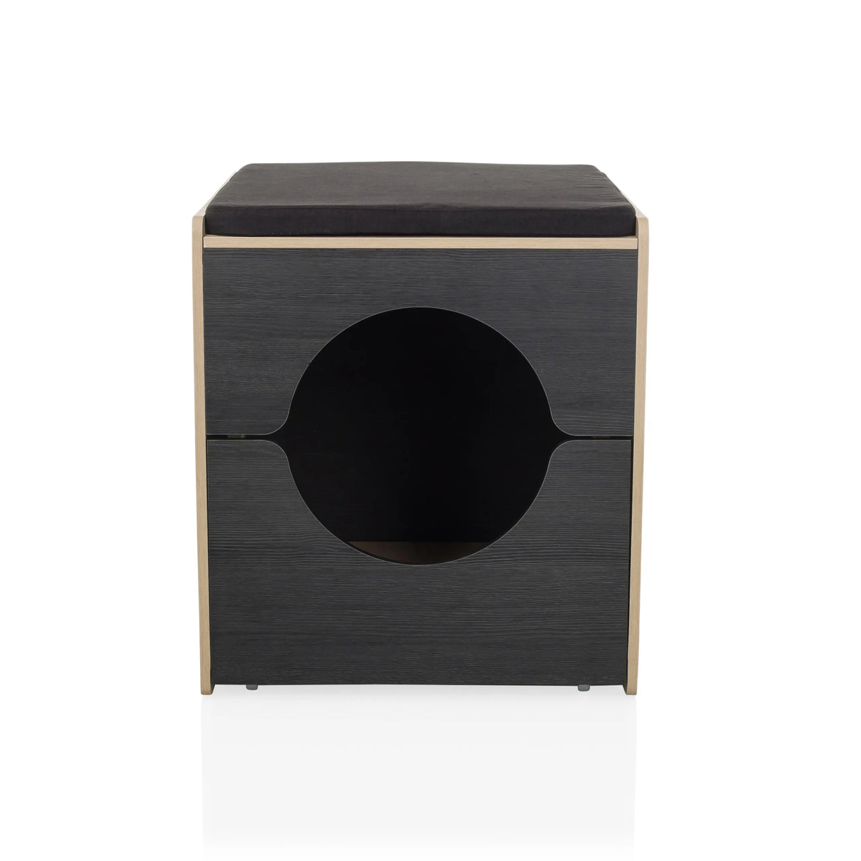 Schwarzes Katzenhaus KITTY PAWBOX 2 mit runder Öffnung und Details in Eichenoptik von hjh LIVING – 360-Grad-Ansicht (Frontansicht 0°)