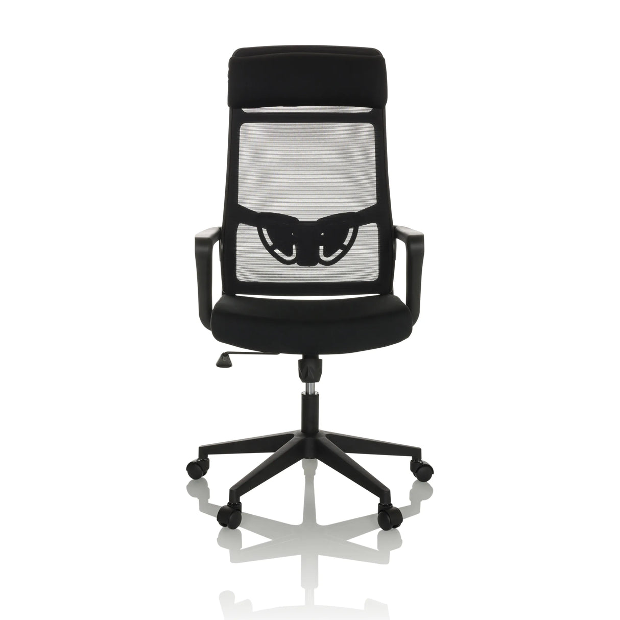 Schwarzer Homeoffice-Bürostuhl NEKEO mit Netzrücken und Fußkreuz mit fünf Rollen von hjh OFFICE – 360-Grad-Ansicht (Frontansicht 0°)