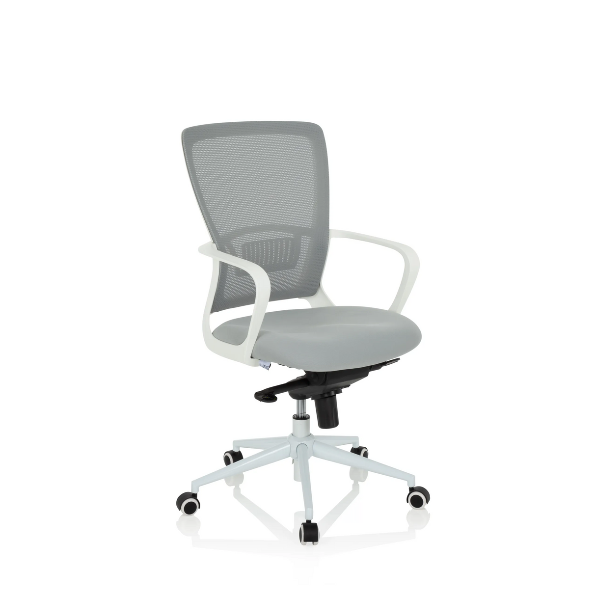 Grauer Homeoffice-Bürostuhl ESTRIA mit Netzrücken und Fußkreuz mit fünf Rollen von hjh OFFICE – 360-Grad-Ansicht (schräge Frontansicht 40°)