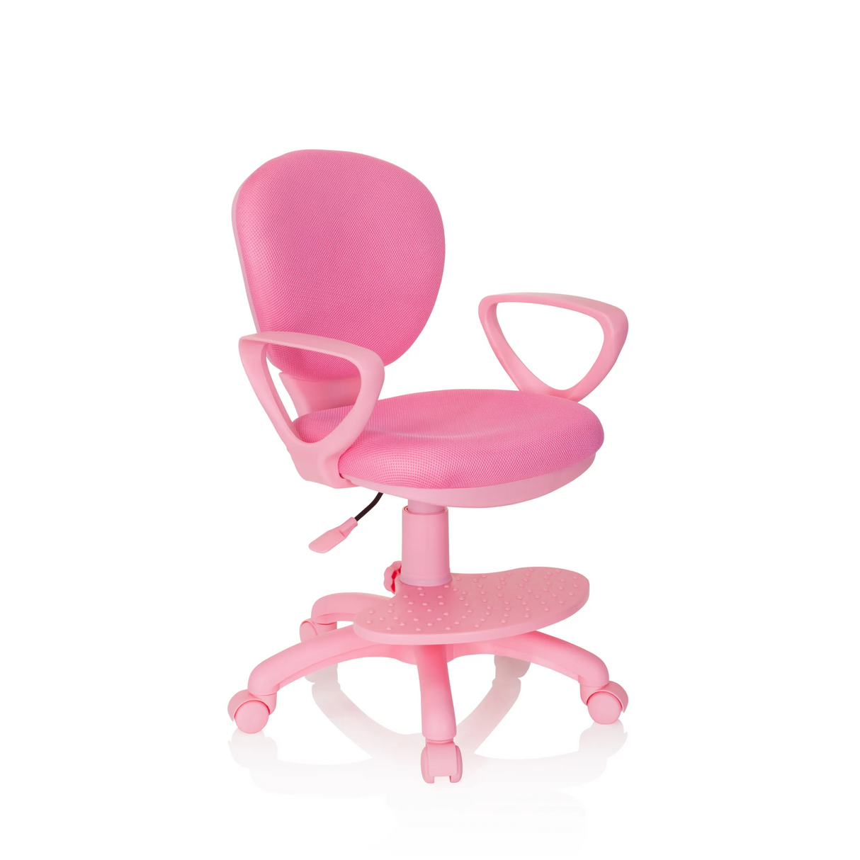 Rosa Kinderdrehstuhl KID COLOUR mit Armlehnen und Fußkreuz mit fünf Rollen von hjh OFFICE – 360-Grad-Ansicht (schräge Frontansicht 40°)