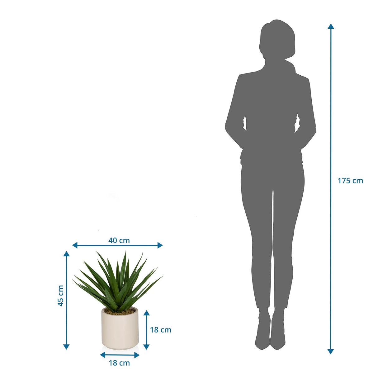 Maßzeichnung der Kunstpflanze Agave mit 45 cm Höhe und 40 cm Breite von hjh OFFICE