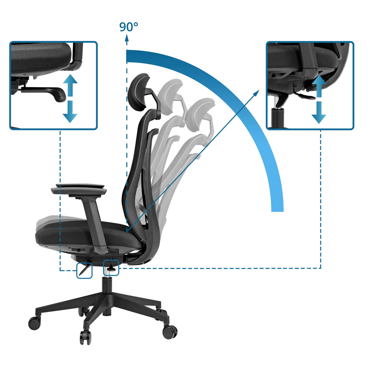 Höhenverstellung der Armlehnen und Rückenlehnenneigung des Profi-Bürostuhls Vivadapt von hjh OFFICE