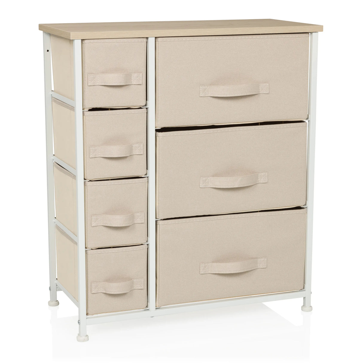 Beige Kommode FOLDRESS B mit sieben Stoffschubladen und weißem Gestell von hjh LIVING – 360-Grad-Ansicht (Frontansicht 15°)