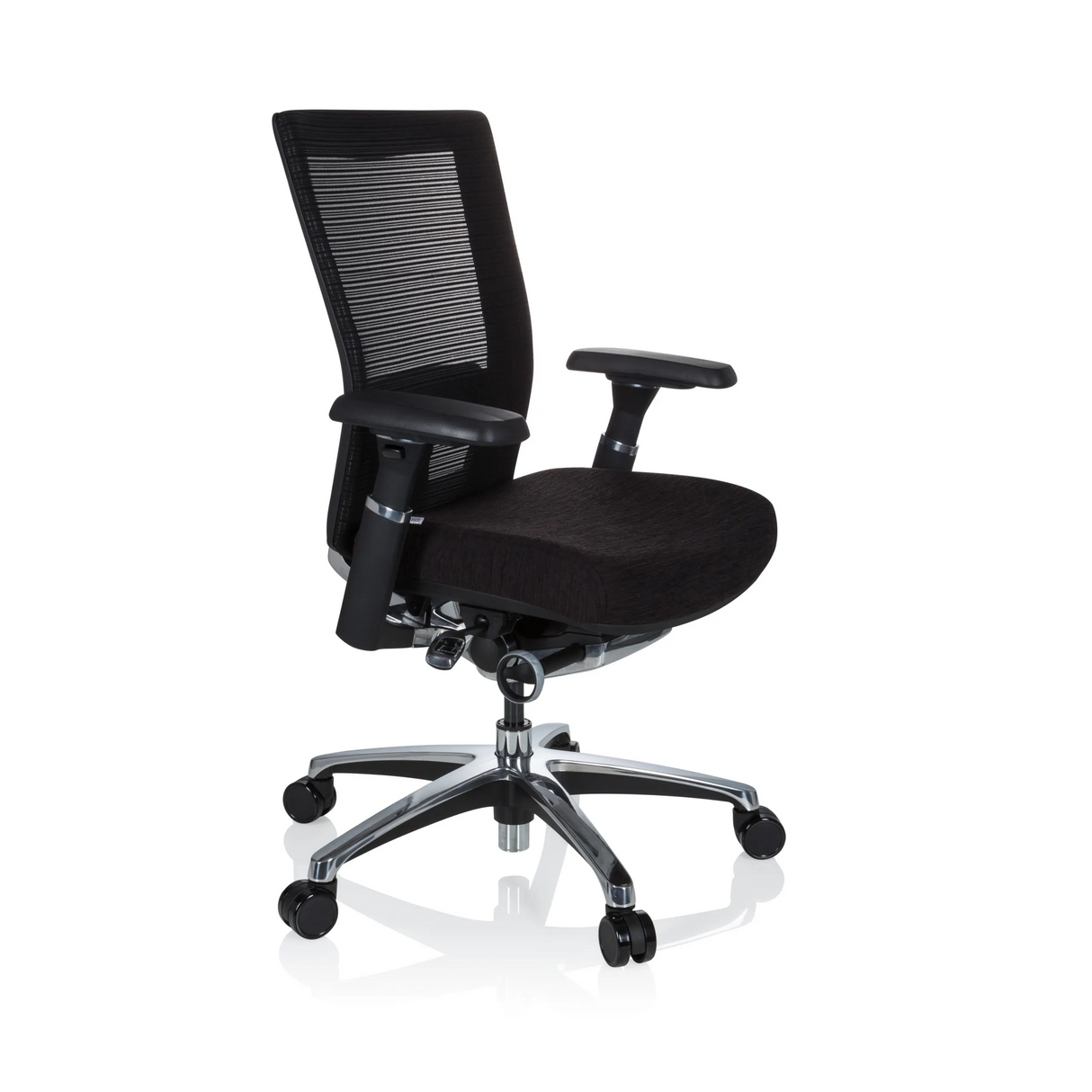 Schwarzer High-End-Bürostuhl NOVA PRO ALU mit Netzrücken und Fußkreuz mit fünf Rollen von hjh OFFICE – 360-Grad-Ansicht (schräge Frontansicht 60°)