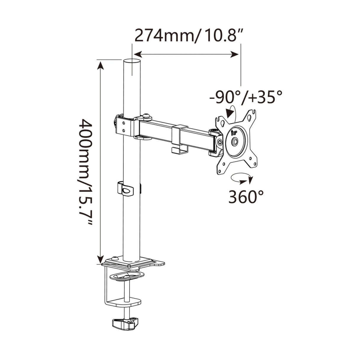 Technische Zeichnung der Monitorhalterung Ergomount M1 mit einer Höhe von 400 mm von hjh OFFICE