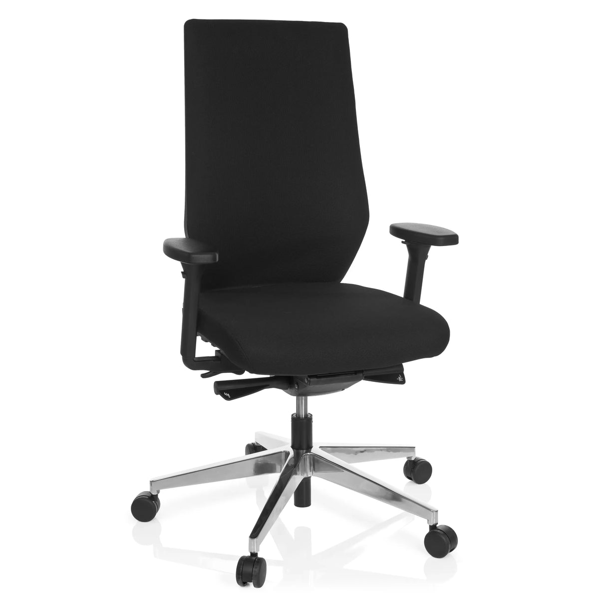 Schwarzer Profi-Bürostuhl PRO-TEC 700 mit Armlehnen und glänzendem Fußkreuz mit fünf Rollen von hjh OFFICE – 360-Grad-Ansicht (Frontansicht 20°)