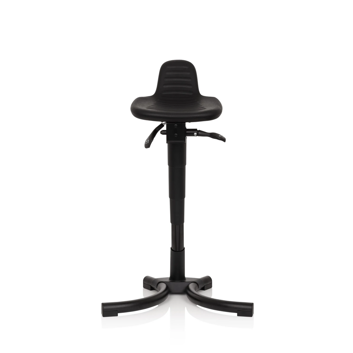 Schwarze Stehhilfe TOP WORK 34 mit Sitzfläche, Rückenlehne und vierfußigem Standfuß von hjh OFFICE – 360-Grad-Ansicht (Frontansicht 0°)