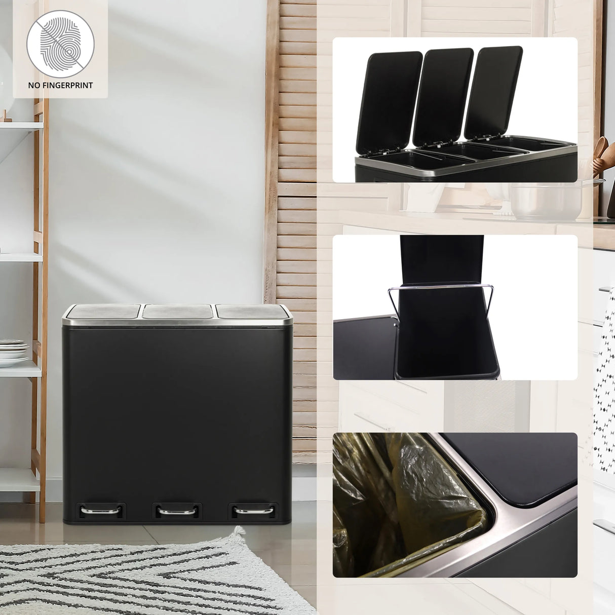 Dreifach-Mülleimer Clean 9 in Schwarz mit drei separaten Klappdeckeln und Fußpedalen von hjh OFFICE