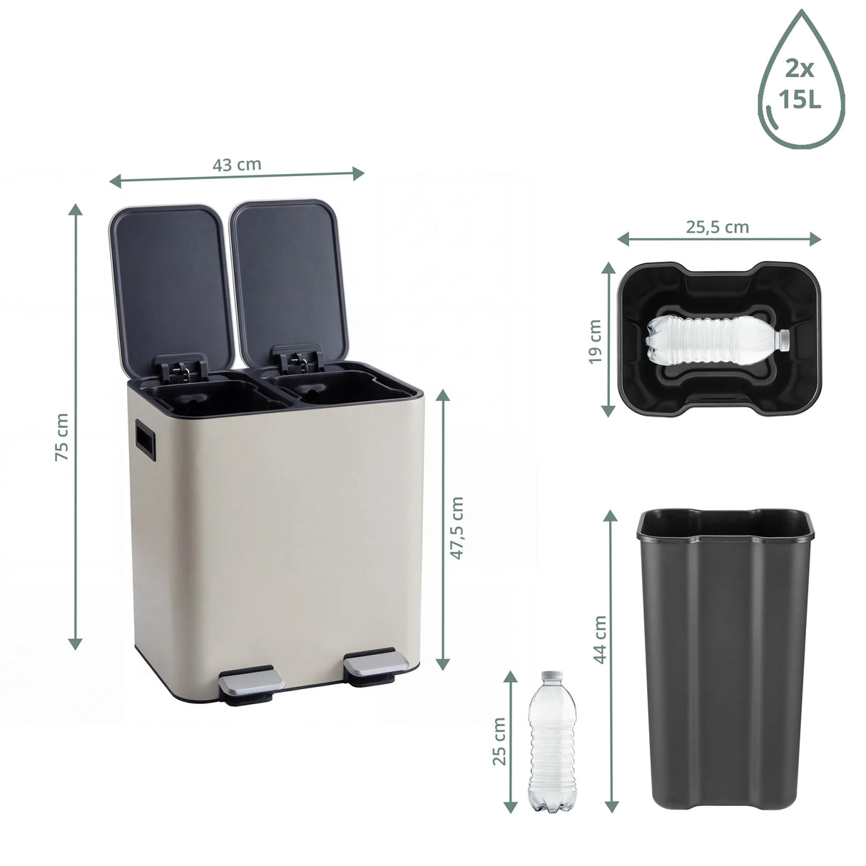 Maßzeichnung des Mülleimers Clean 10 mit 43 × 75 cm und zwei 15-Liter-Behältern von hjh OFFICE