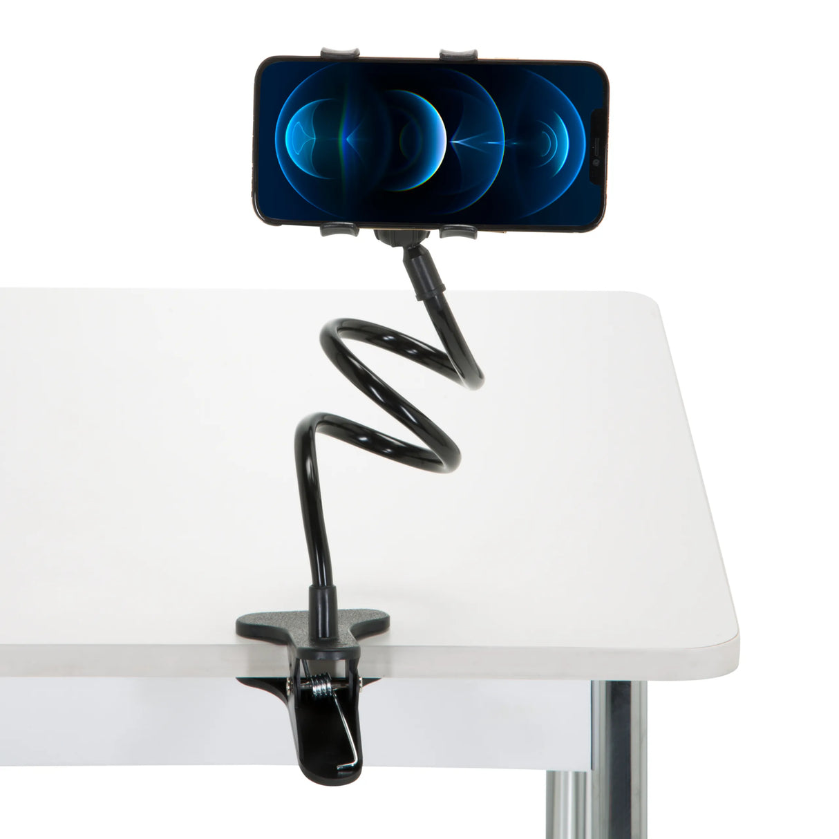 Schwarze Handy- und Tablet-Halterung FLEXMOBI mit flexiblem Schwanenhals und Tischklemme von hjh OFFICE – 360-Grad-Ansicht (Frontansicht 0°)
