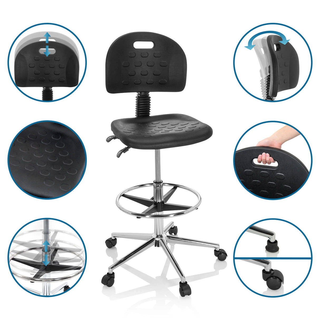 Funktionsmerkmale des Counterstuhls TOP WORK 23 I mit verstellbarer Rückenlehne und Fußring in Schwarz von hjh OFFICE