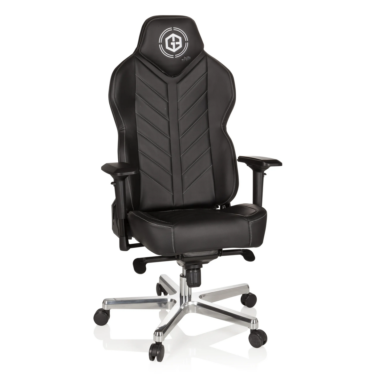 Schwarzer Gamingstuhl GAMEBREAKER COLOSSUS mit Armlehnen und glänzendem Fußkreuz mit fünf Rollen von hjh OFFICE – 360-Grad-Ansicht (Frontansicht 20°)