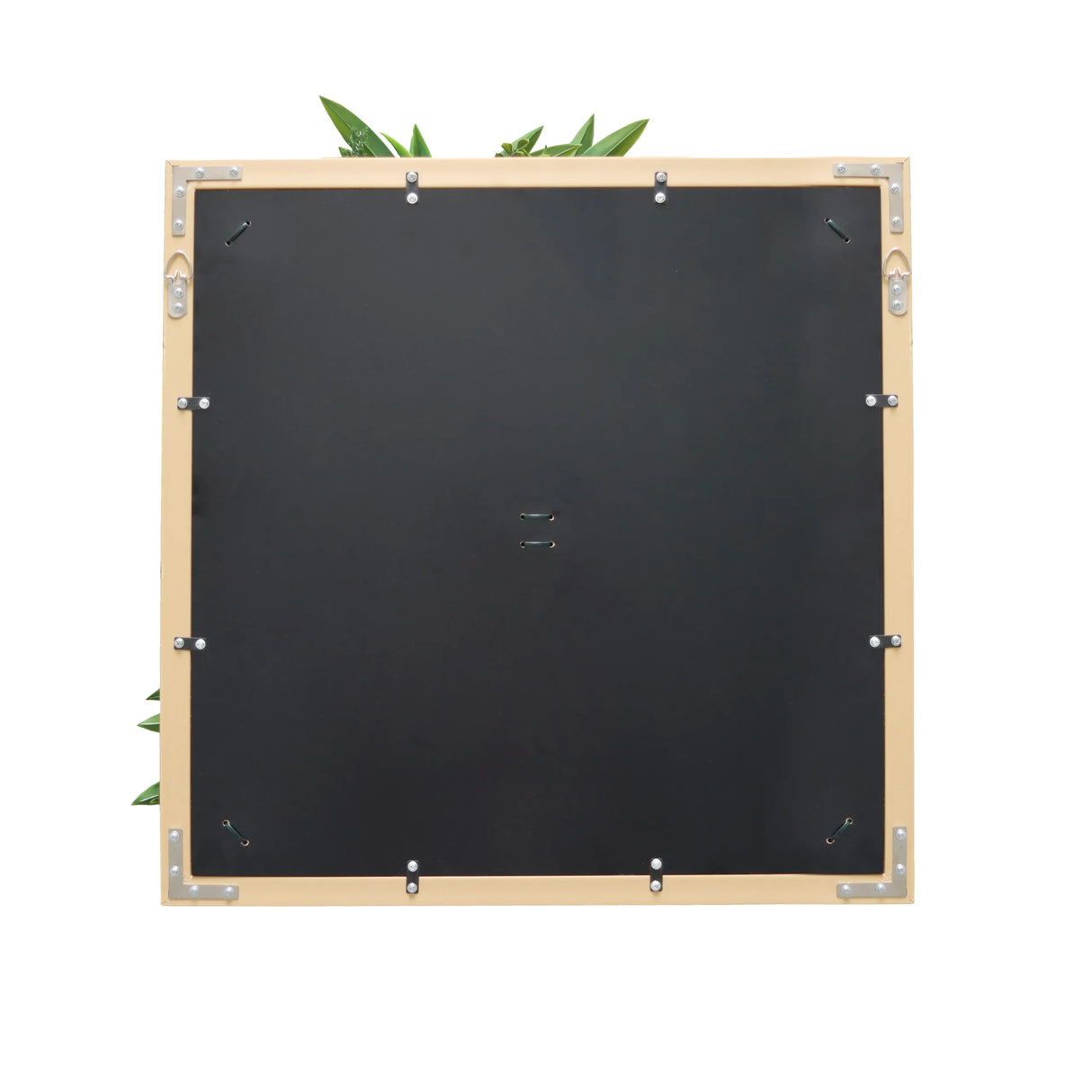 Rückseite der quadratischen Pflanzenmatte LEAFLUXE WALL 1 in Schwarz mit Metallbeschlägen von hjh LIVING
