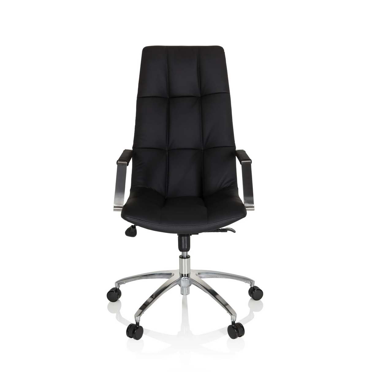 Schwarzer Homeoffice Chefsessel SARANTO PRO aus Leder mit glänzendem Fußkreuz mit fünf Rollen von hjh OFFICE – 360-Grad-Ansicht (Frontansicht 0°)