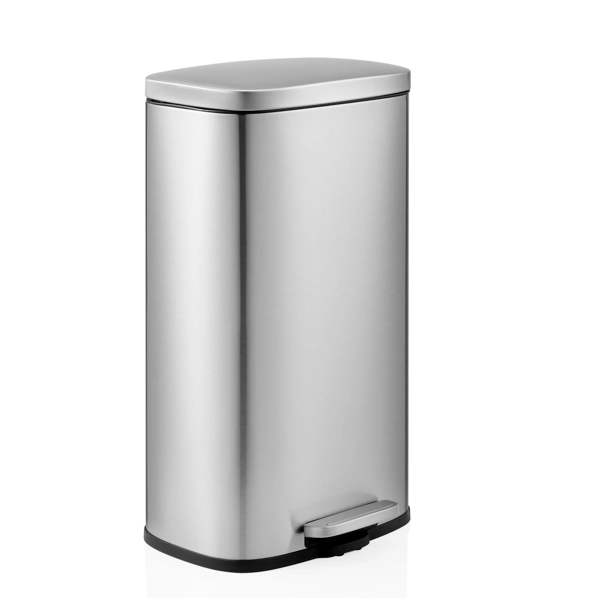 Silberner Mülleimer Clean 15 mit Deckel und Fußpedal von hjh OFFICE – 360-Grad-Ansicht (schräge Frontansicht 45°)