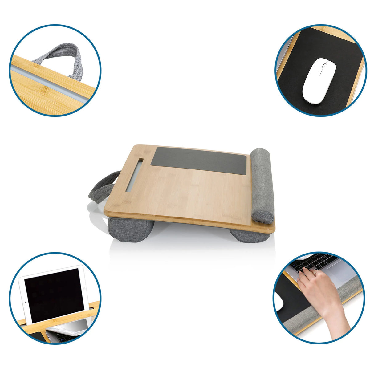 Laptopunterlage COMFILAP aus Bambus mit grauem Handgriff, Mauspad und Handgelenkauflage von hjh OFFICE