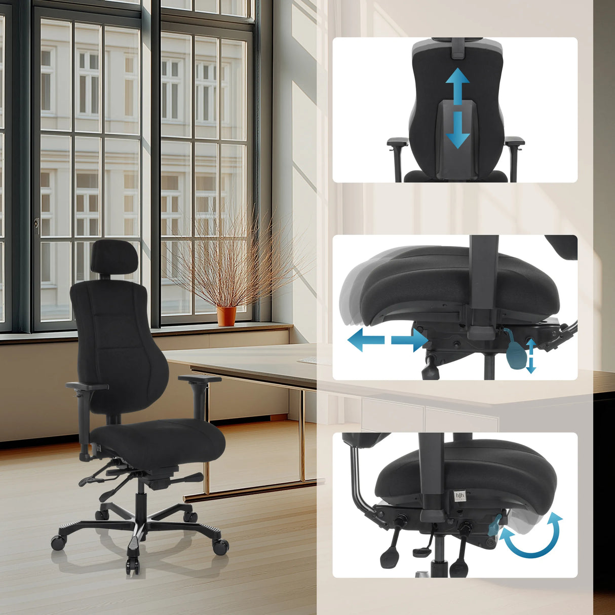 Verstellbare Kopfstütze und Sitzfläche des XXL Drehstuhls 24 HOURS BASIC in Schwarz von hjh OFFICE