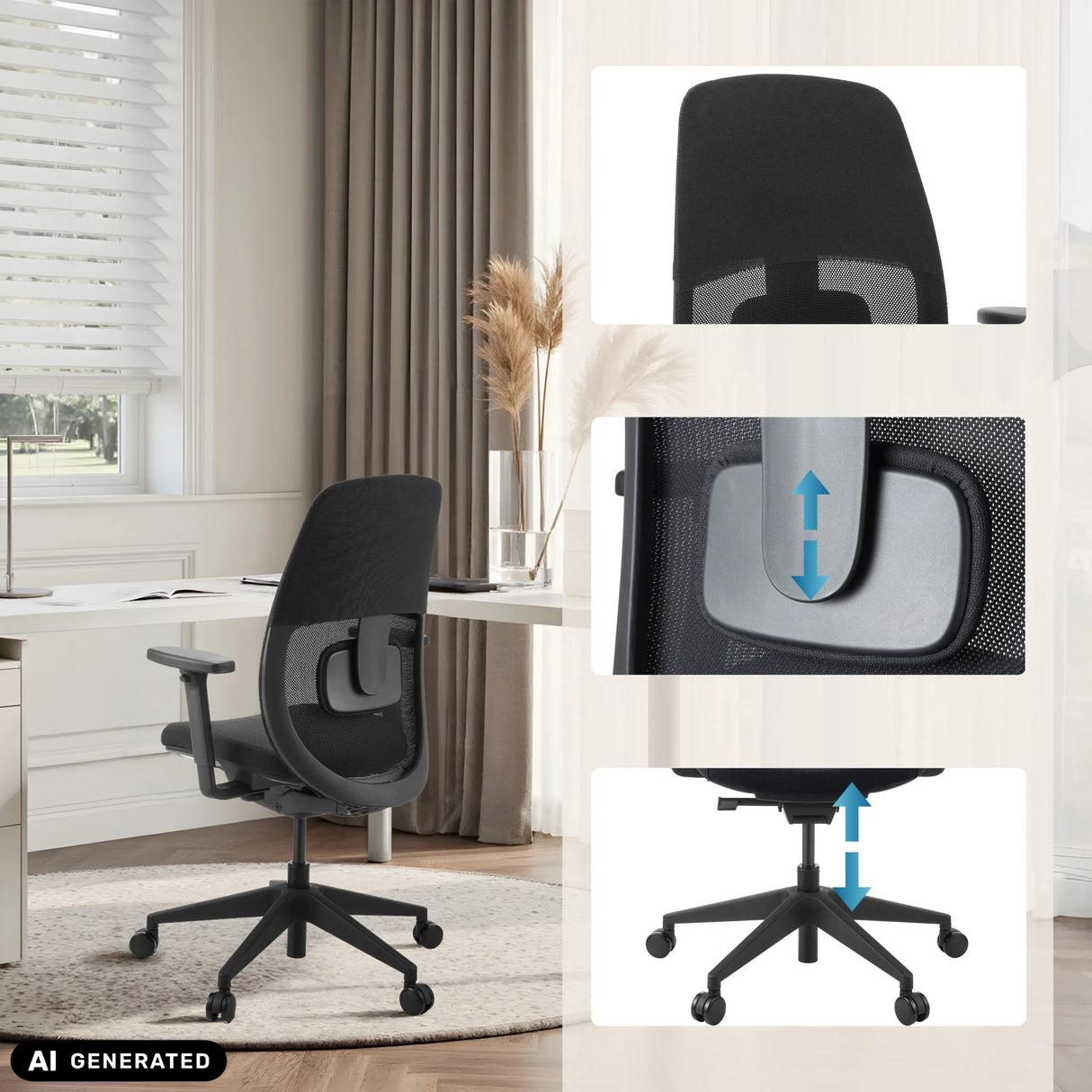 Höhenverstellbare Lendenwirbelstütze und Gasdruckfeder des Profi-Bürostuhls Skandis von hjh OFFICE (KI-generiertes Bild)