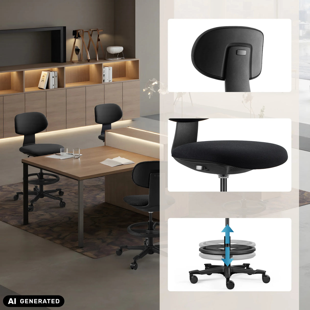 Höhenverstellbarer Arbeitsstuhl WORK MF2 in Schwarz mit Fußkreuz und Rollen von hjh OFFICE (KI-generiertes Bild)