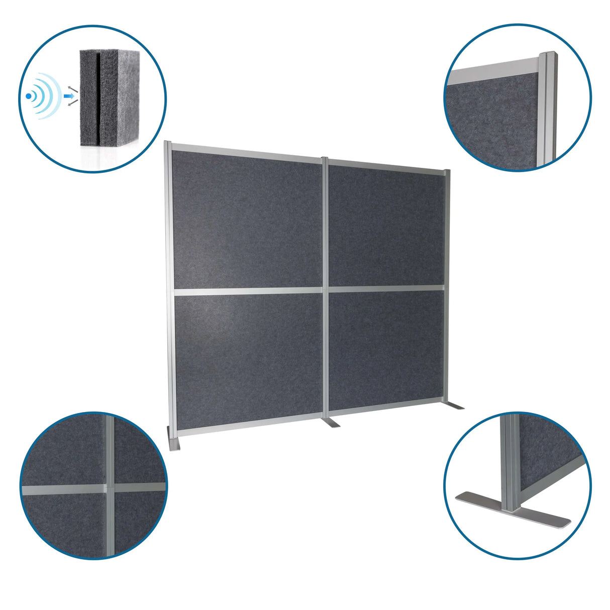 Graue Trennwände FLEXMIUT MODUL mit Aluminiumrahmen, T-Fuß und schallabsorbierender Füllung von hjh OFFICE