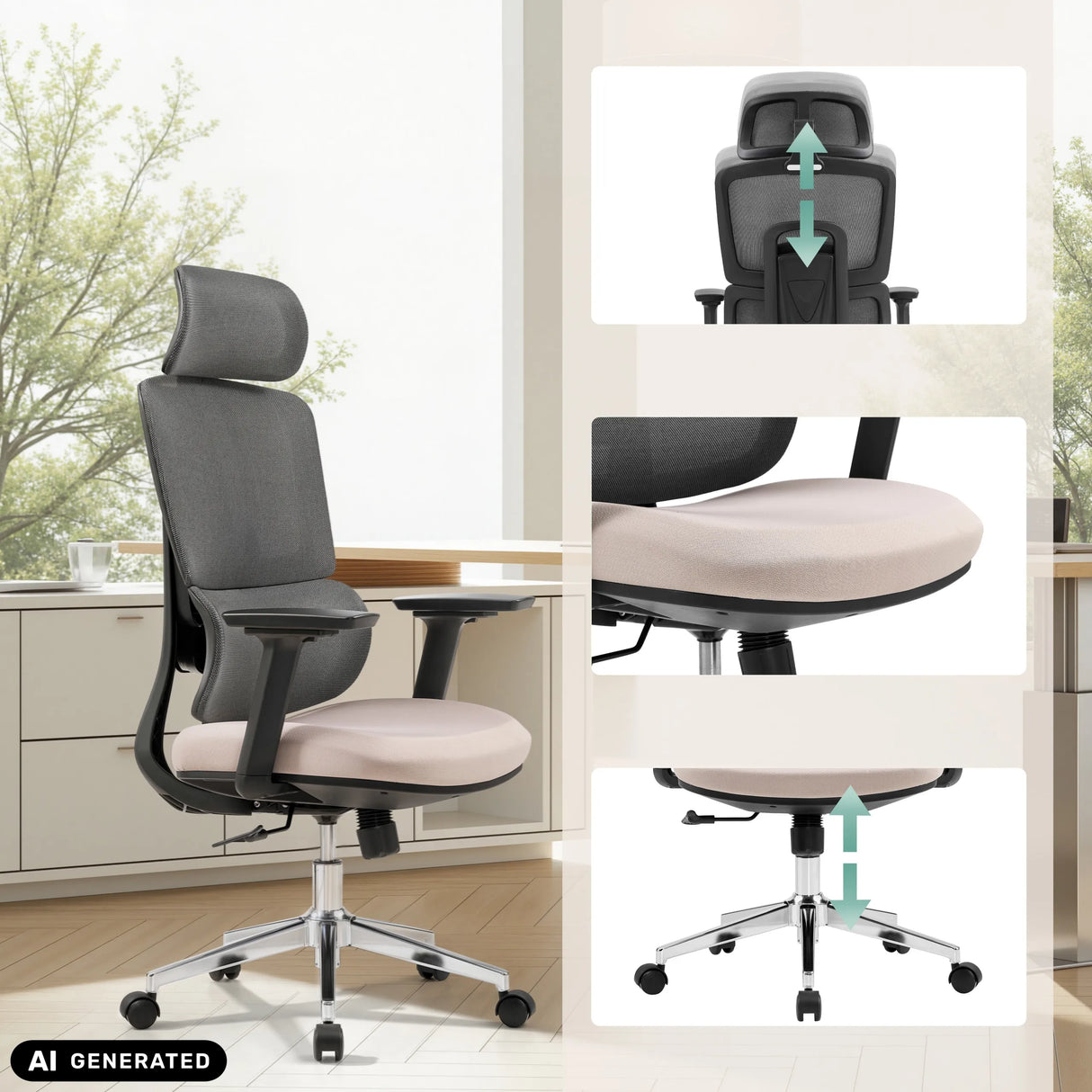 Profi-Bürostuhl Ergomy Pro in Dunkelgrau und Beige mit Verstellmöglichkeiten von hjh OFFICE (KI-generiertes Bild)