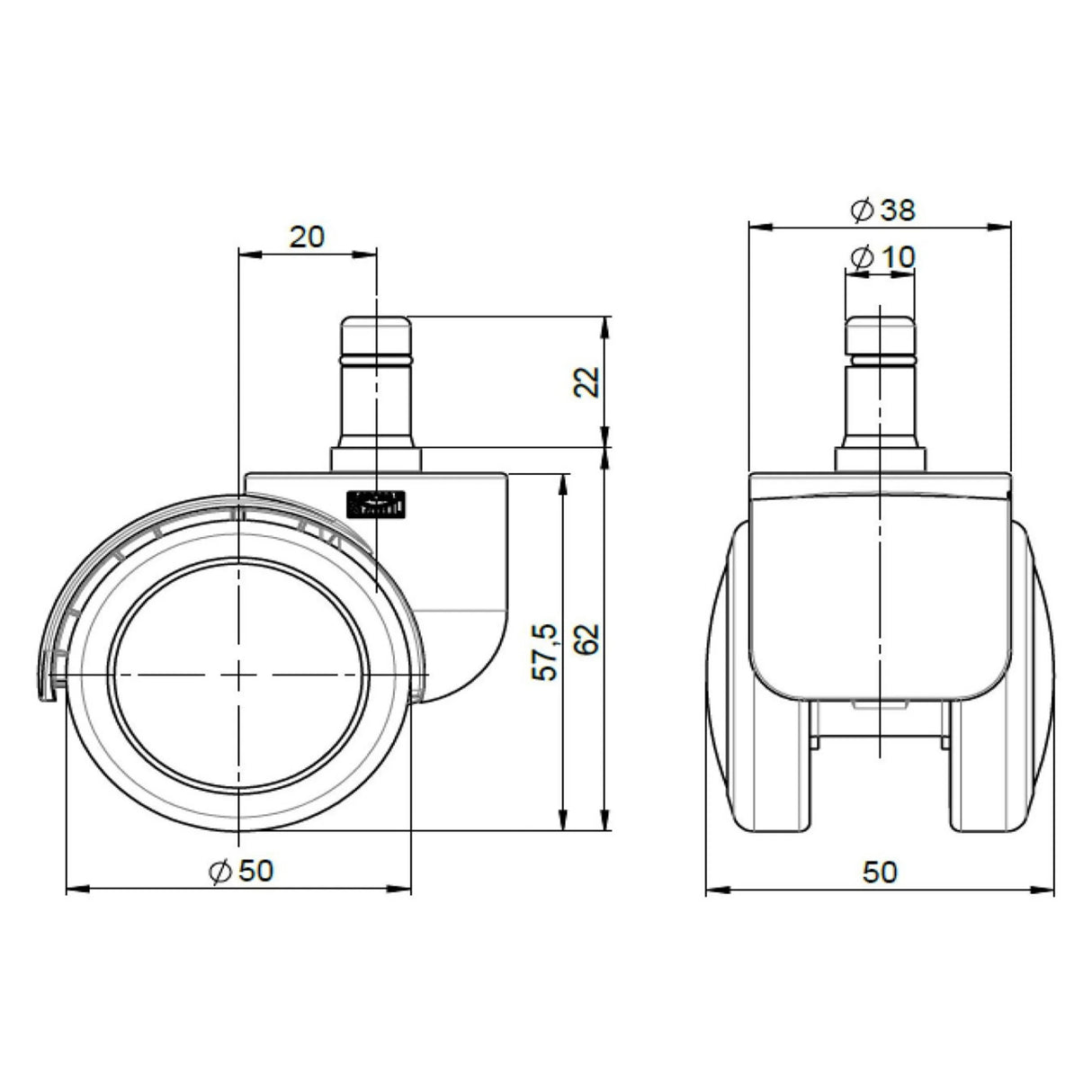 Technische Zeichnung der Stuhlrolle 5x ROLO FREE 10mm/50mm mit einem Rollendurchmesser von 50 mm von hjh OFFICE