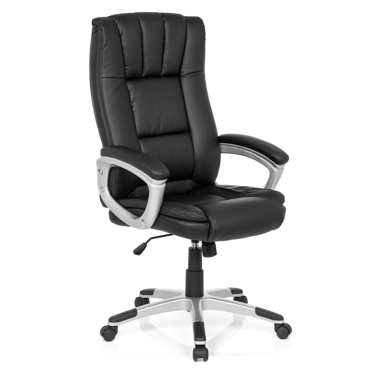 Schwarzer Homeoffice-Bürostuhl RELAX CL150 mit gestepptem Bezug und Fußkreuz mit fünf Rollen von MyBuero – 360-Grad-Ansicht (schräge Frontansicht 40°)