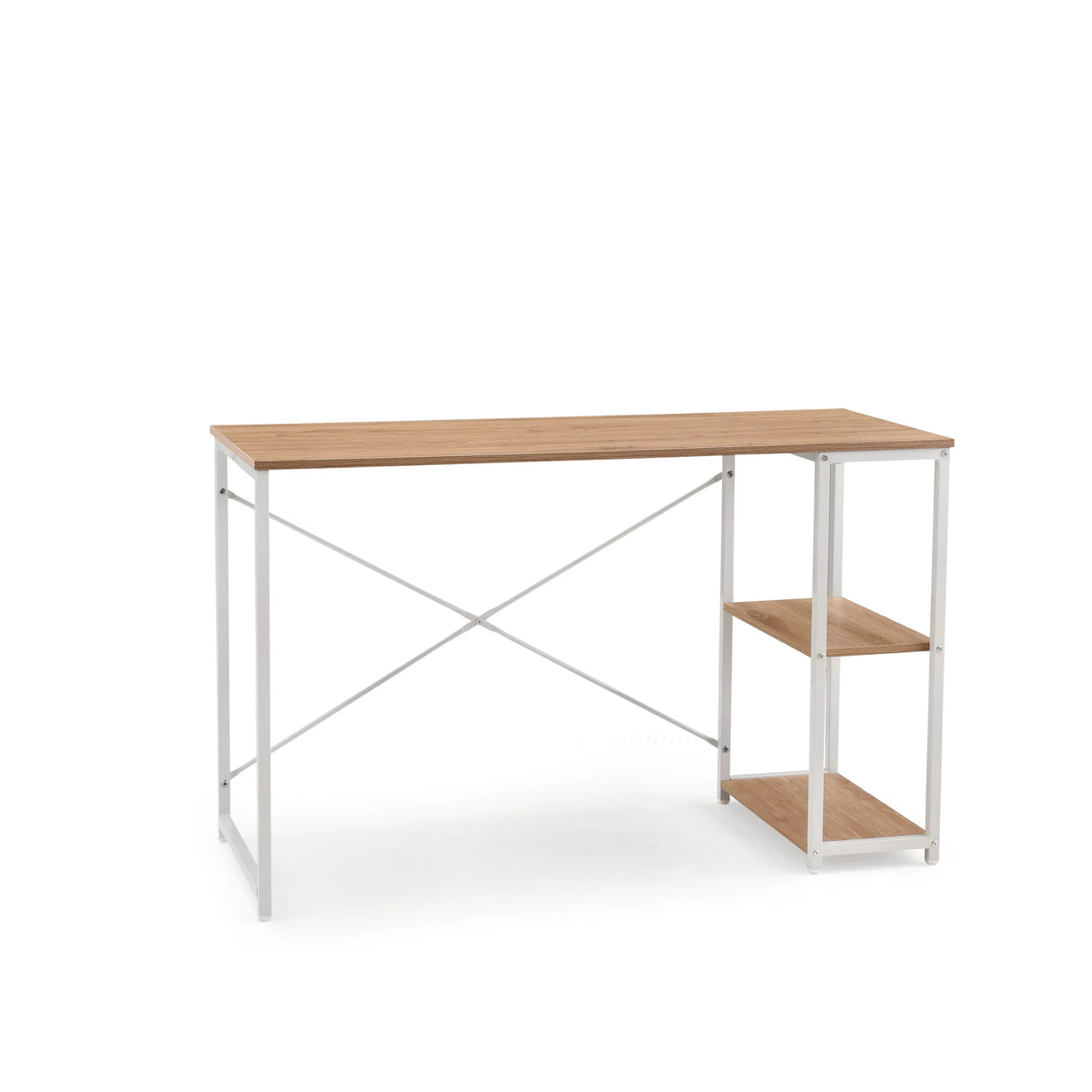 Schreibtisch Easy Up2 in Weiß und Eiche mit integriertem Regal und X-Strebe von hjh LIVING – 360-Grad-Ansicht (Frontansicht 15°)