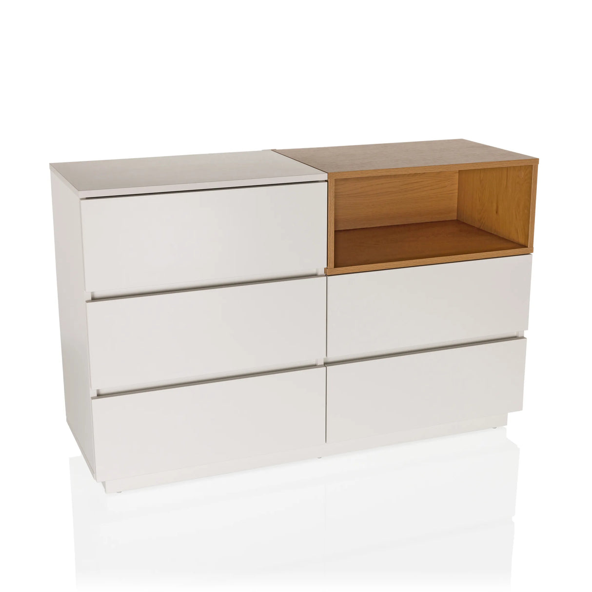 Weißes Sideboard MELMO S mit Eichenholz-Akzent und fünf Schubladen von hjh LIVING – 360-Grad-Ansicht (Frontansicht 15°)