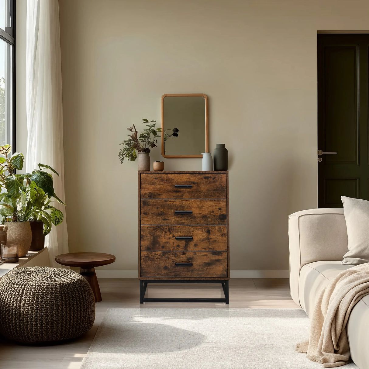 Braune Kommode VINSTRA mit vier Schubladen und schwarzem Metallgestell von hjh LIVING