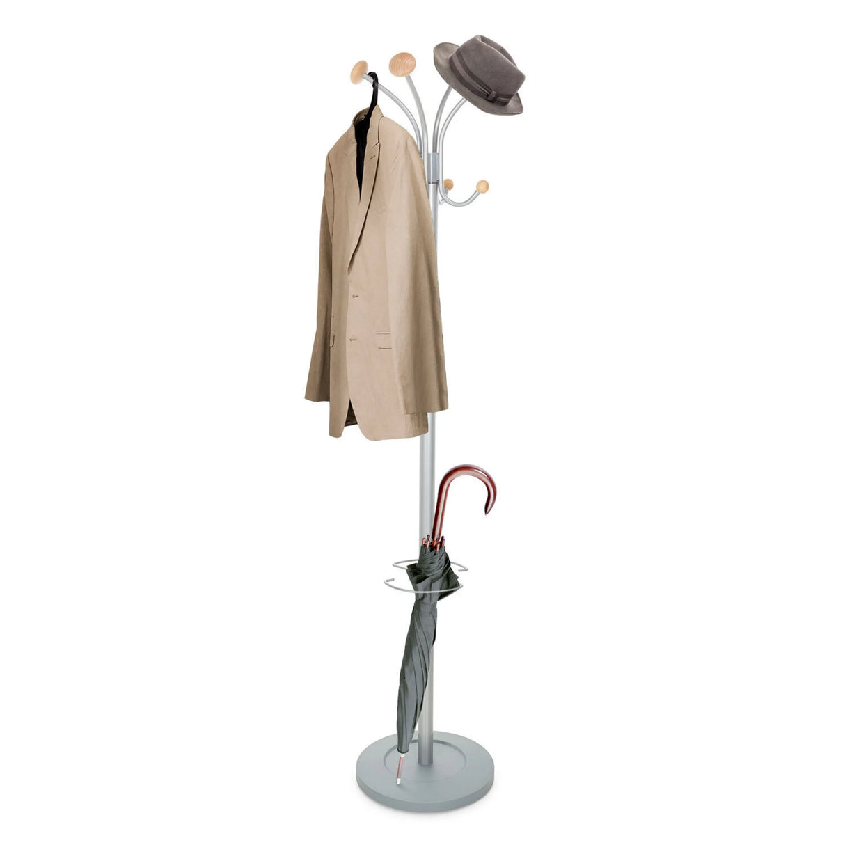 Garderobenständer SPACE in Silber mit Kleiderhaken, Hutablage und integriertem Regenschirmhalter von hjh OFFICE