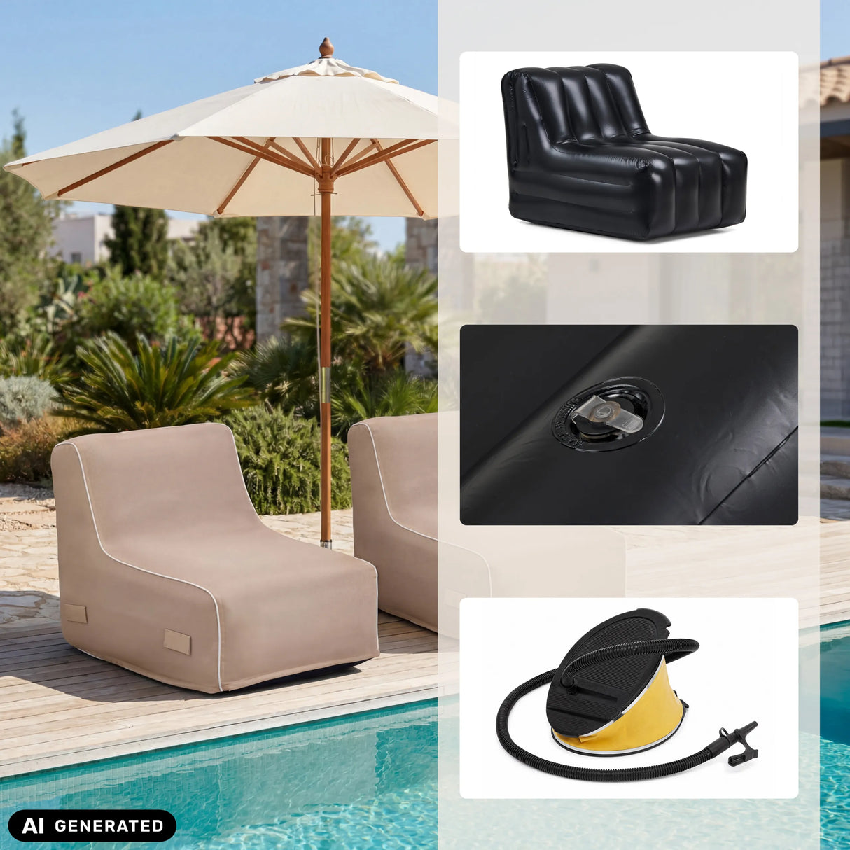 Luftsofas Sitzolo Air in Beige und Schwarz mit Luftpumpe und Ventil von hjh LIVING (KI-generiertes Bild)