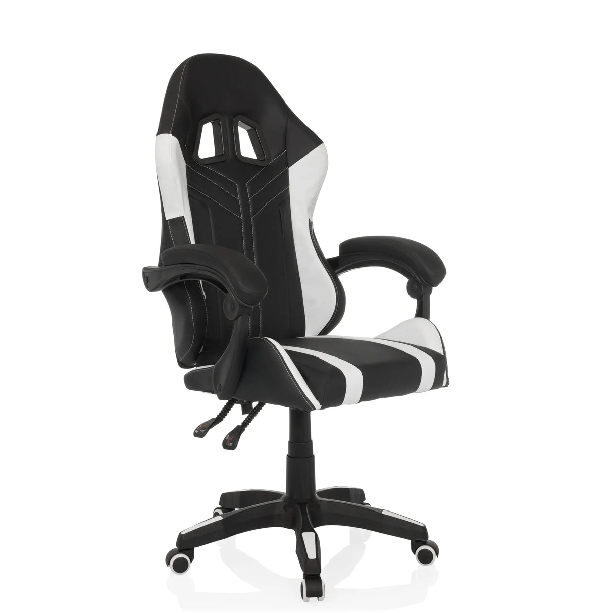 Schwarz-weißer Gamingstuhl GAMEBREAKER W02 mit Fußkreuz mit fünf Rollen von MyBuero – 360-Grad-Ansicht (schräge Frontansicht 45°)
