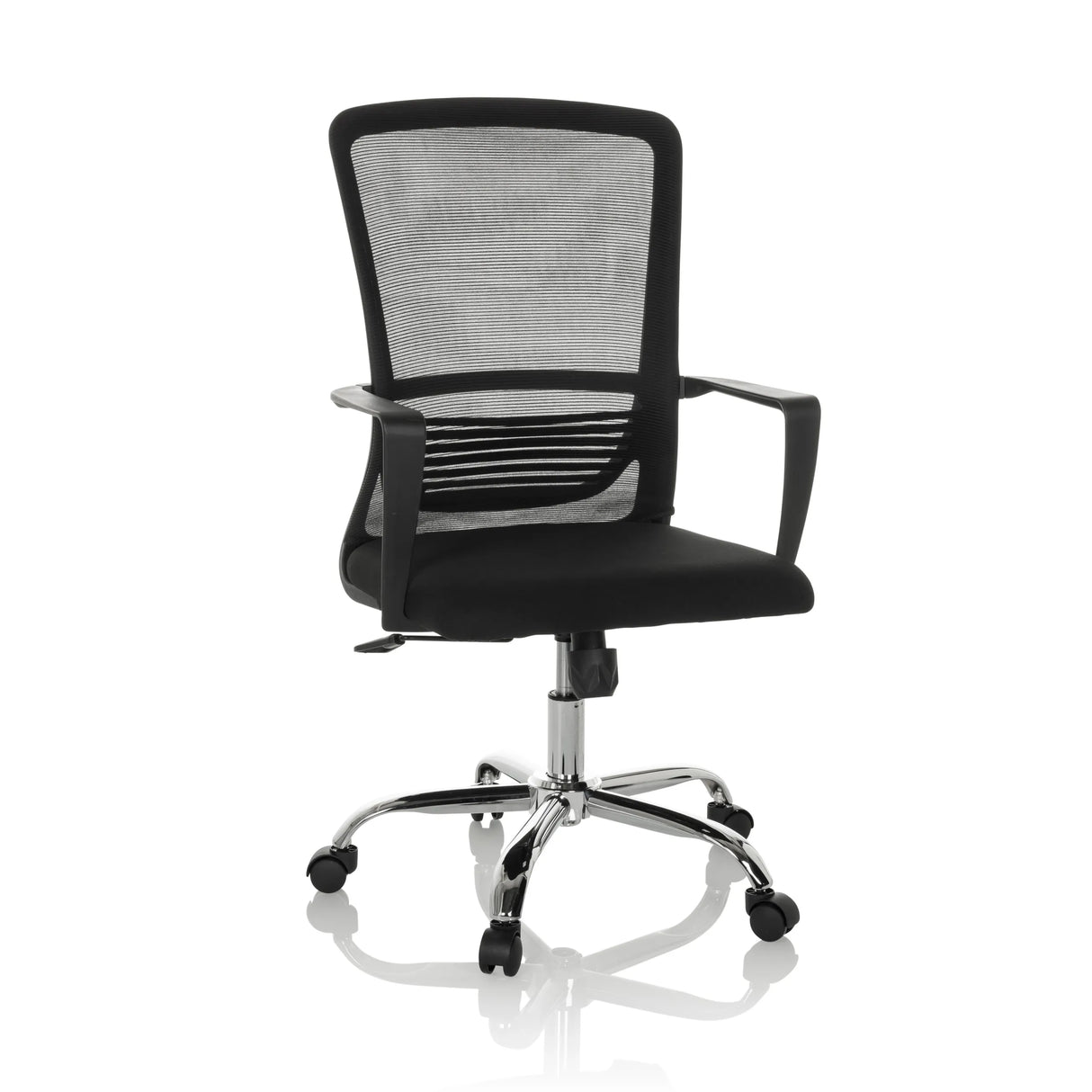 Schwarzer Homeoffice-Bürostuhl STAR-TEC S mit Netzrücken und Fußkreuz mit fünf Rollen von hjh OFFICE – 360-Grad-Ansicht (Frontansicht 15°)